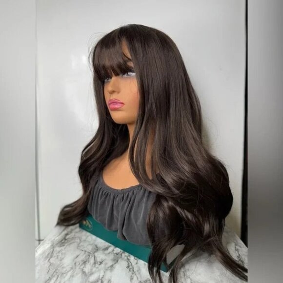 Medium lenght Wig Brown Loose Wavy Wig With Bangs | Ultra Natural Look | - Picture 10 of 15